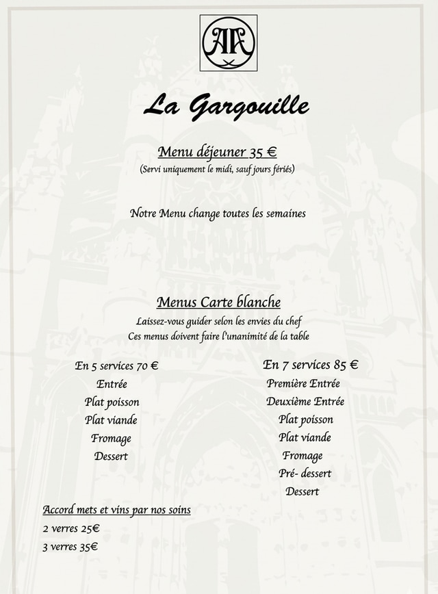 La carte du restaurant La Gargouille à Beauvais