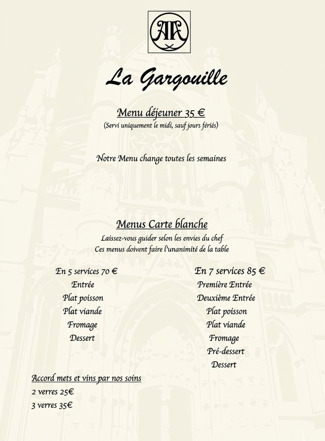 Carte blanche de La Gargouille à Beauvais : menus 5 ou 7 services, accords mets et vins